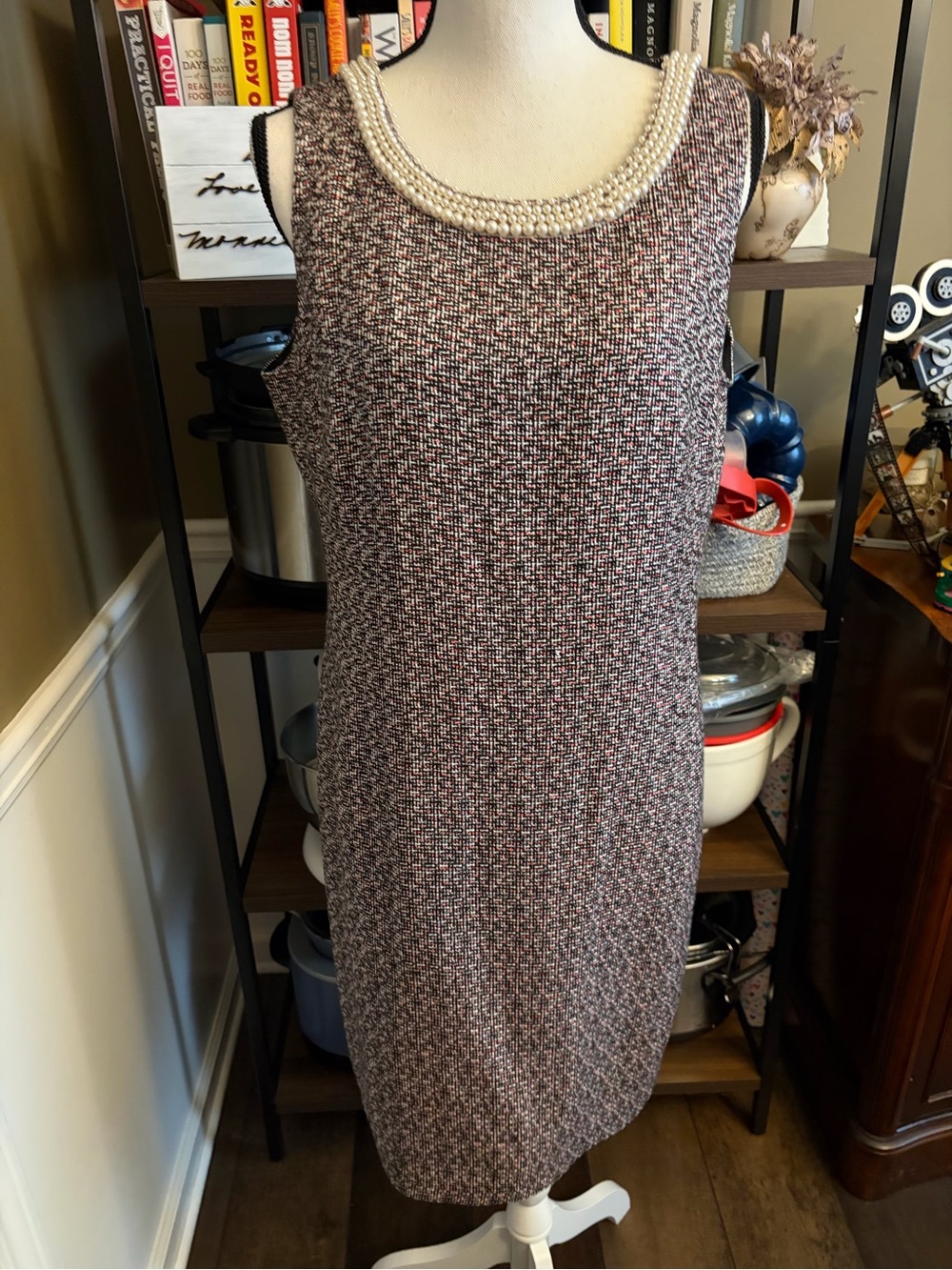 Karl Lagerfeld Pearl-Trim Tweed Dress in Black & Pink